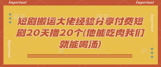 短剧搬运大佬经验分享付费短剧20天撸20个(他能吃肉我们就能喝汤)-一新网创