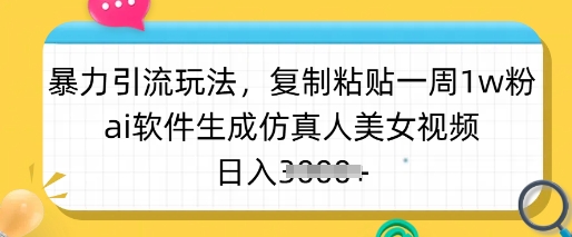 暴力引流玩法，复制粘贴一周1w粉，ai软件生成仿真人美女视频，日入多张-一新网创