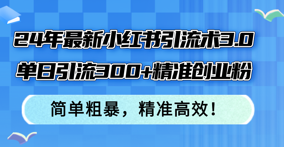 24年最新小红书引流术3.0，单日引流300+精准创业粉，简单粗暴，精准高效！-一新网创