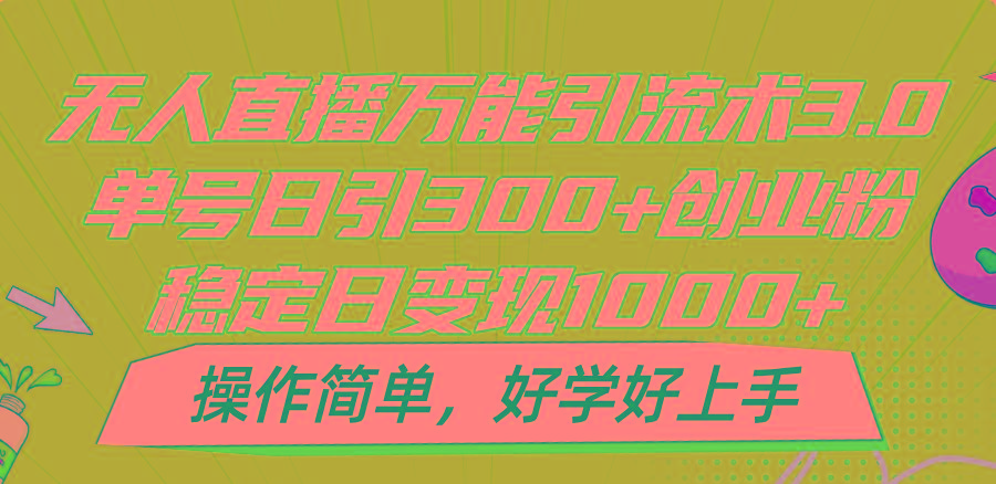 无人直播万能引流术3.0，单号日引300+创业粉，稳定日变现1000+，操作简单-一新网创