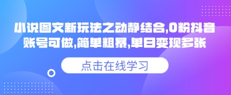 小说推文图文新玩法之动静结合，0粉抖音账号可做，简单粗暴，单日变现多张-一新网创