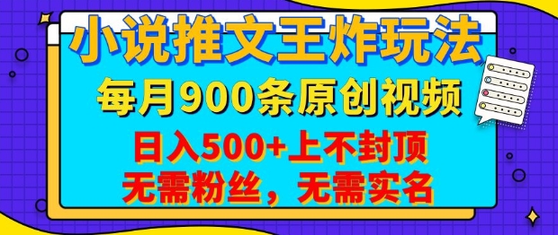 小说推文王炸玩法，一键代发，每月最多领900条原创视频，播放量收益日入5张，无需粉丝，无需实名【揭秘】-一新网创