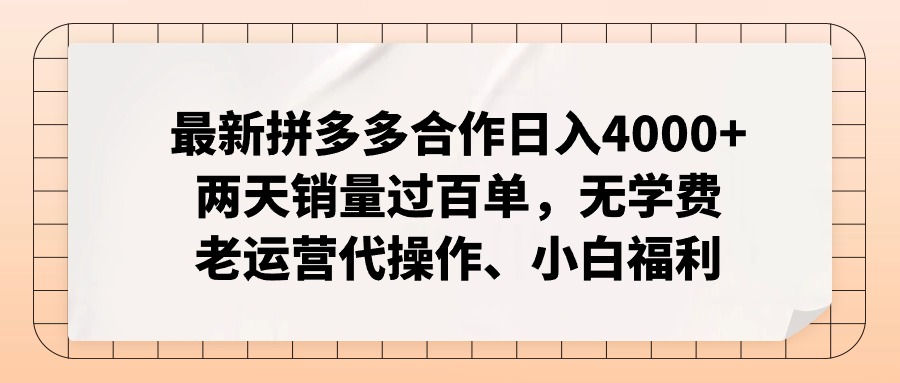 拼多多最新合作日入4000+两天销量过百单，无学费、老运营代操作、小白福利-一新网创