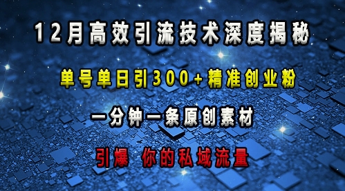 最新高效引流技术深度揭秘 ，单号单日引300+精准创业粉，一分钟一条原创素材，引爆你的私域流量-一新网创