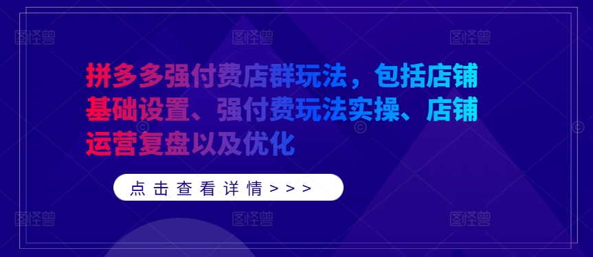 拼多多强付费店群玩法，包括店铺基础设置、强付费玩法实操、店铺运营复盘以及优化-一新网创