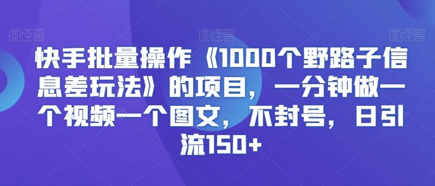 快手批量操作《1000个野路子信息差玩法》的项目，一分钟做一个视频一个图文，不封号，日引流150+【揭秘】-一新网创