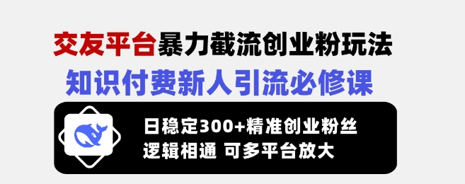 交友平台暴力截流创业粉玩法，知识付费新人引流必修课，日稳定300+精准创业粉丝，逻辑相通可多平台放大-一新网创