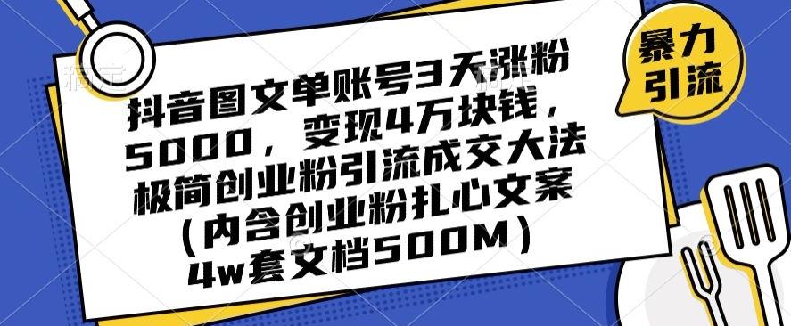 抖音图文单账号3天涨粉5000，变现4万块钱，极简创业粉引流成交大法-一新网创