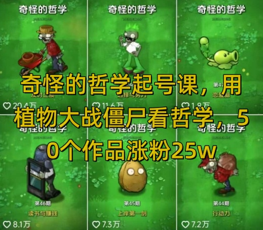 奇怪的哲学起号课，用植物大战僵尸看哲学，50个作品涨粉25w，暴力撸收益，全平台均可发布-一新网创