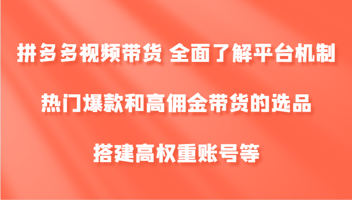 拼多多视频带货 全面了解平台机制、热门爆款和高佣金带货的选品，搭建高权重账号等-一新网创