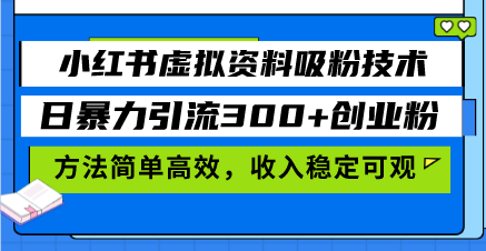 小红书虚拟资料吸粉技术，日暴力引流300+创业粉，方法简单高效，收入稳...-一新网创