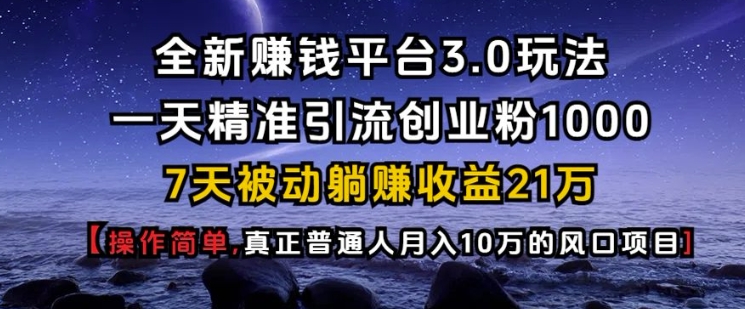 全新赚钱平台3.0玩法一天精准引流创业粉1000.7天被动躺Z收益21W【仅揭秘】-一新网创