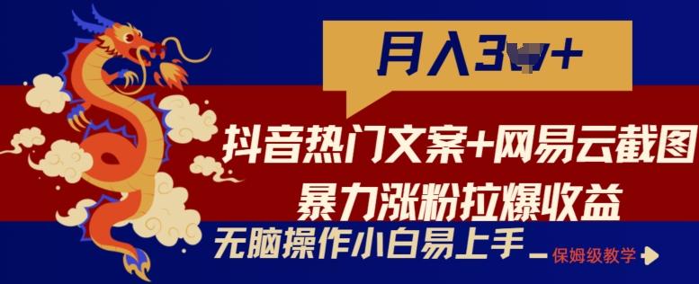 抖音热门文案+网易云截图暴力涨粉拉爆收益玩法，小白无脑操作，简单易上手【揭秘】-一新网创