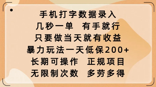 手机打字数据录入，几秒一单，有手就行，只要做当天就有收益，暴力玩法一天低保2张-一新网创