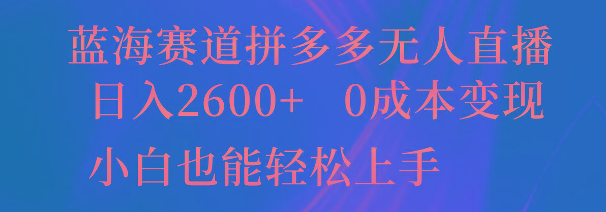 蓝海赛道拼多多无人直播，日入2600+，0成本变现，小白也能轻松上手-一新网创
