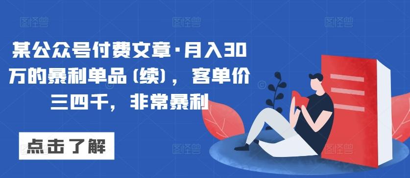 某公众号付费文章·月入30万的暴利单品(续)，客单价三四千，非常暴利-一新网创