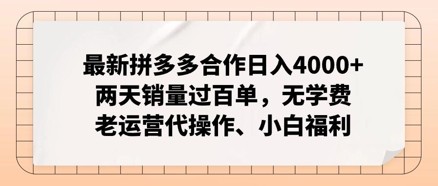 最新拼多多合作日入4000+两天销量过百单，无学费、老运营代操作、小白福利-一新网创