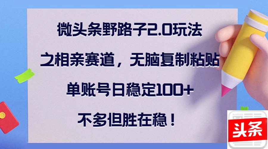 微头条野路子2.0玩法之相亲赛道，无脑复制粘贴，单账号日稳定100+，不...-一新网创