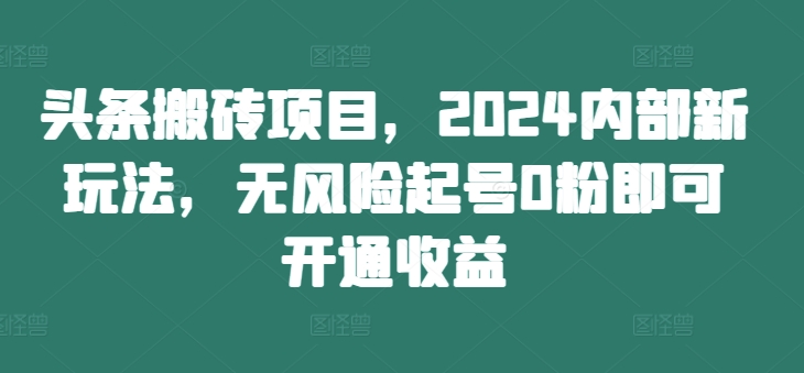 头条搬砖项目，2024内部新玩法，无风险起号0粉即可开通收益-一新网创